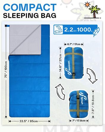 Сплячий мішок літній Sportneer 190x85 см: легкий, водонепроникний, для кемпінгу, походів, подорожей (блакитний)