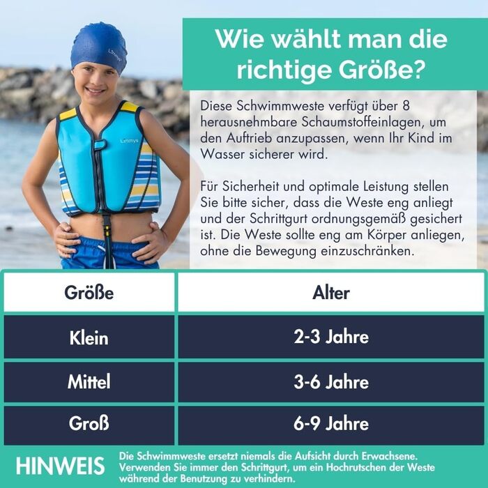 Плитка для плавання Liys Schwiweste для дітей - допоміг для плавання з регульованою плавучістю, сертифікат CE, переможець тесту на Vergleich.de, м'який неопреновий комір, безпечне та надійне виконання, з сумкою для перенесення (L, блакитний)