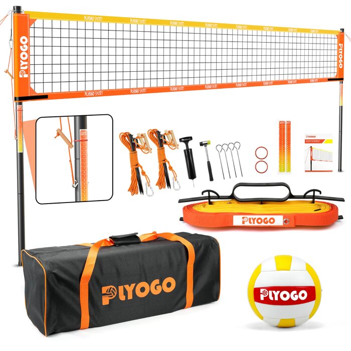 Волейбольна сітка PLYOGO для вулиці, професійний набір, регульовані алюмінієві стійки, анти-саг дизайн, подвійний регулятор натягу, для пляжу та газону
