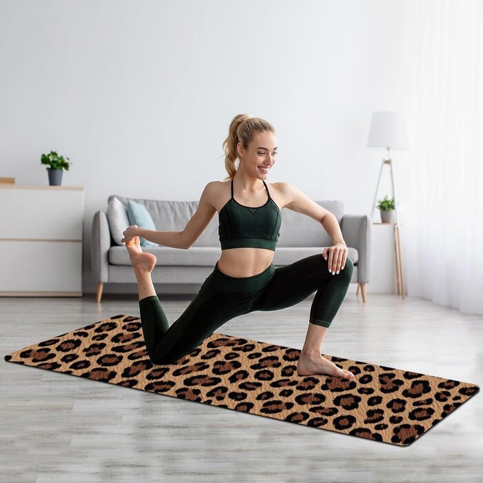 Йога мат Haquno Extra dicke 6 мм - неслизька тренувальна килимок для HIIT, Pilates, дому та з безкоштовним ремінцем для перенесення. Чорний (Леопардовий принт)