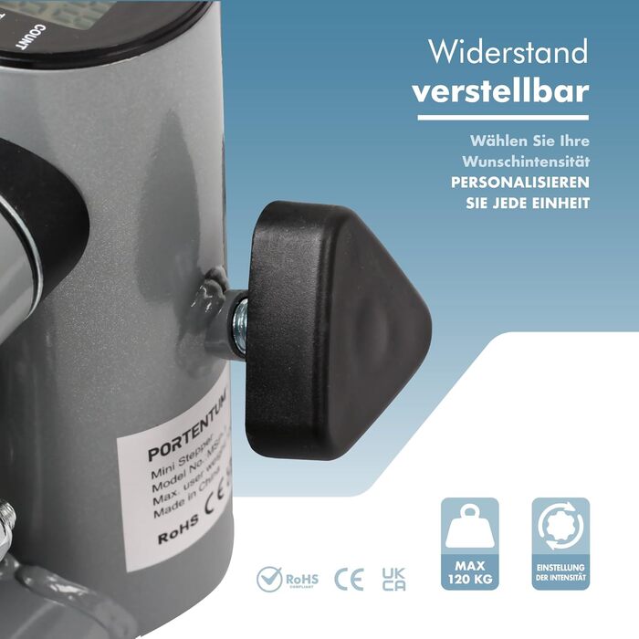 Міні степер PORTENTUM для дому з еластичними стрічками та LCD-дисплеєм - 5 функцій, Stairmaster 3-в-1 для ніг та рук, регульована інтенсивність, компактний фітнес-тренажер