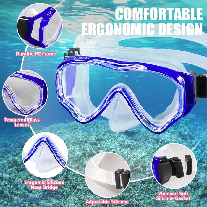 Набір для снорклінгу для дітей HIKOTEY, сухий снорклінг, маска для снорклінгу з антизапотівальною панеллю, водонепроникні затички для вух, блакитний (B1-Pazifik)