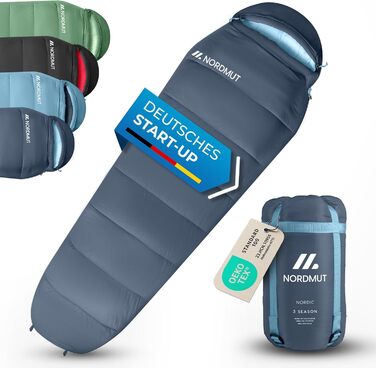 Спальний мішок NORDMUT® для дорослих – компактний та ультралегкий (900/1500г) – на 3 сезони (250 GSM) & літній спальний мішок (100 GSM) – мумієвидний спальник для кемпінгу, відпочинку на природі та фестивалів. Колір: Marine.