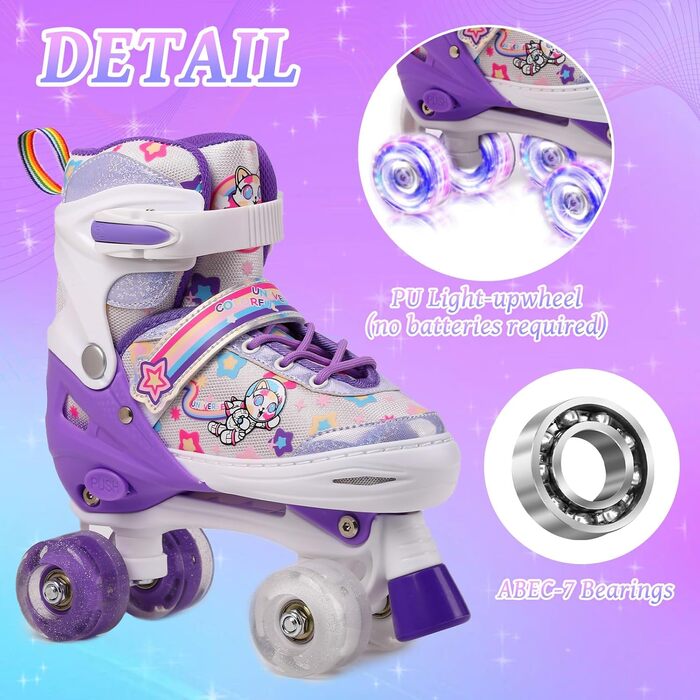 Роликові ковзани для дітей, ролики для дівчаток та початківців, регульовані, з підсвічуванням, дихаючі, фіолетові
