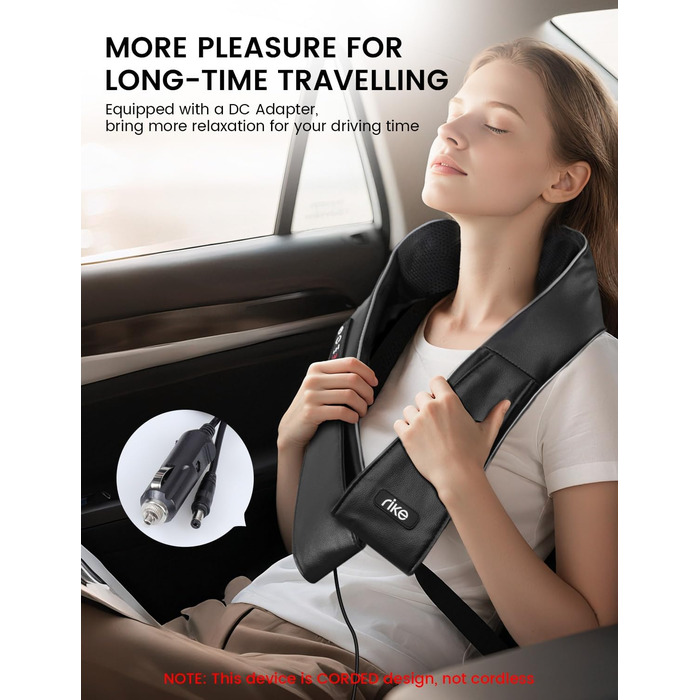 Масажер для шиї RIKE Shiatsu з підігрівом - 3D масажер для шиї, плечей та спини, з адаптерами для мережі та авто, глибока масажна дія, подарунок на Різдво