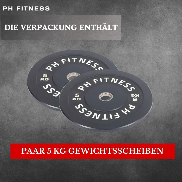 Олімпійські гумові диски PH Fitness 5 кг, набір 2 шт., чорні, для штанги 50 мм – для тренажерного залу, дому, важкої атлетики та силових тренувань