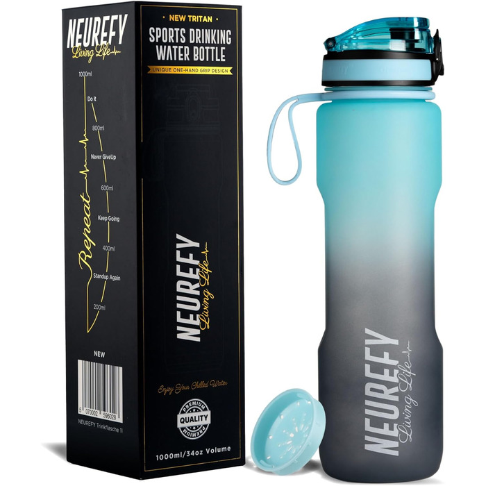 Пляшка для води NEUREFY 1 л з тритану, не протікає, блакитна, BPA-free, з фільтром та індикатором об’єму для спорту, фітнесу, офісу, школи, університету, outdoor