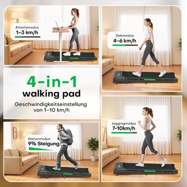 Walking Pad - біговий доріжки для дому з регулюванням нахилу до 9%, потужність 2.5HP, LED-дисплей, пульт дистанційного керування, 12 програм, подвійне амортизація, до 150 кг, чорно-зелений