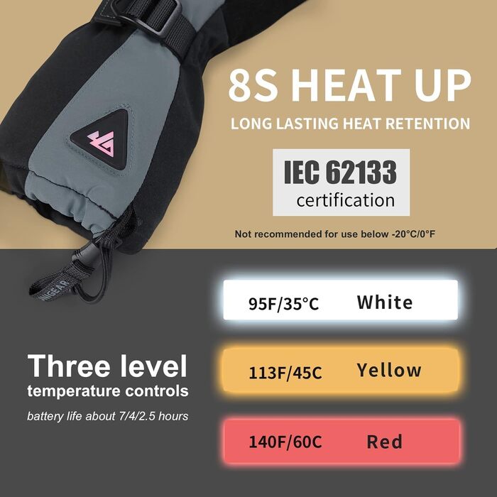 Унігір: Теплі рукавички з підігрівом для жінок та чоловіків, 3 режими, водонепроникні, сенсорні, для катання на лижах, Рейно, Outdoor, чорно-сірий XL