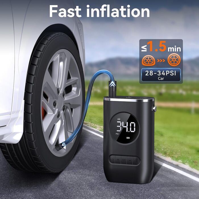 Електричний насос WYRIAZA 10000 мАг, 150 PSI з цифровим манометром, LED-підсвіткою, 4 режимами, для авто, велосипедів, мотоциклів, м'ячів