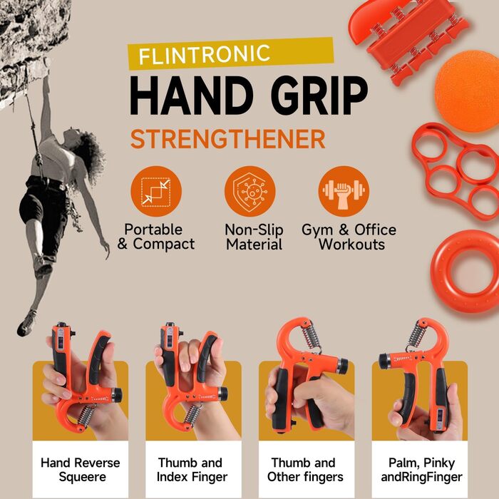 Набір для тренування рук Flintronic: тренажер зап'ястя з лічильником, регулювання ваги 5-60 кг, фітнес, альпінізм, силові тренування, реабілітація рук. Оранжевий, 5 шт.