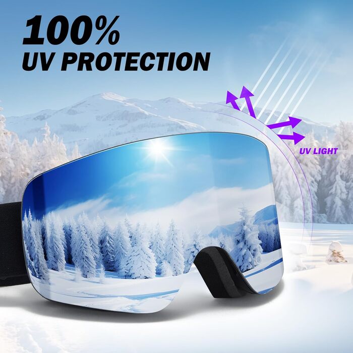 Скі-маска JQF Gear для унісекс, YH227 сноуборд маска OTG з антиковзним ремінцем, захист від УФ, антитуманність, скі-маски повністю покриті REVO, регульовані скі-окуляри для катання на лижах (09-Срібло/Чорний+Лінза (VLT13%))