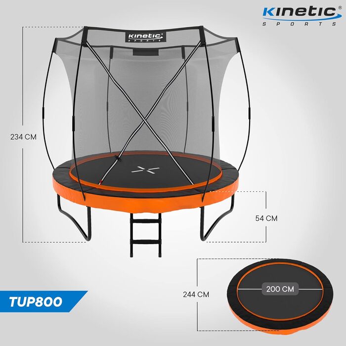Трамплін KINETIC SPORTS Ultimate Pro Outdoor Ø 244/305/366/427 см – сертифікат TÜV Rheinland GS, з драбиною, скловолоконна сітка, дизайн 'Курча', для саду, до 160 кг (Sunset Orange)