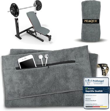 Рушник для фітнесу PEAQUE з кишенею на блискавці | Мікрофібра з фротте-структурою | Спортивний рушник для тренажерного залу | М'який, швидковисихаючий (Сірий, 120 x 50 см)