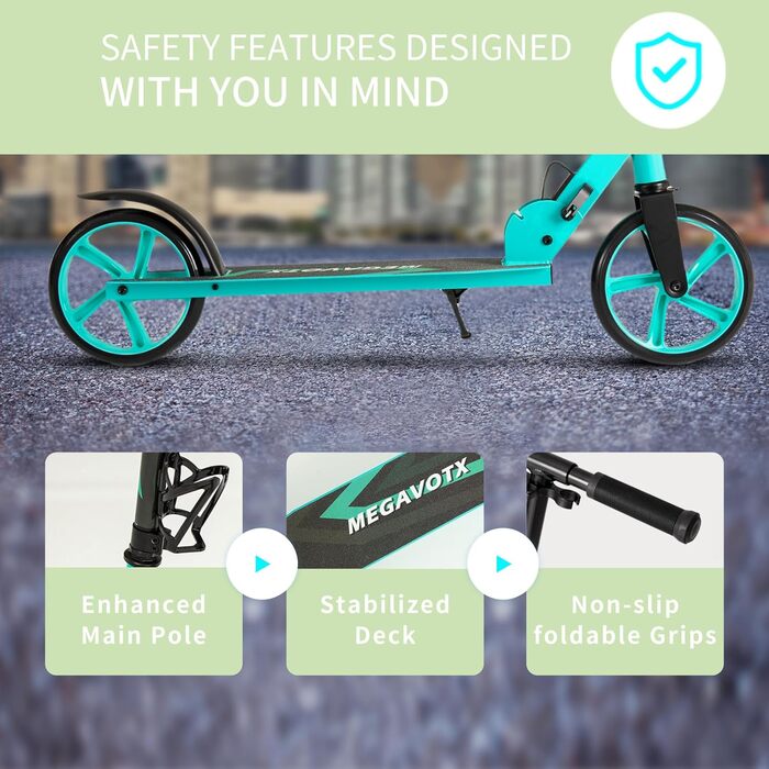Складаний дитячий ролер з колесами 20 см – скутер для дітей від 8 років та дорослих, регульоване кермо, до 100 кг, зелений