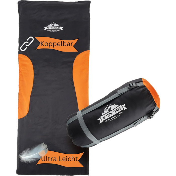 Спальний мішок ACTIVE SPARK Winter - Summer, водовідштовхуючий та дихаючий, з кишенею для грілки, для кемпінгу та гірських походів (Чорний / Оранжевий)
