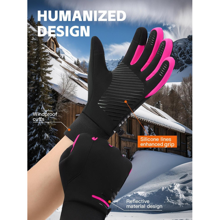 Водонепроникні зимові рукавички KynciOR для чоловіків та жінок, рукавички для мотоцикла, сенсорний екран, силіконове покриття, терморукавички для катання на лижах та велосипеді (XL, Рожевий)