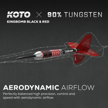Дартс-набір KOTO Kingbomb Black & Red, 3 дротики з міцним рифленим хватом, барелі, оперення, стрижні та чохол для дротиків