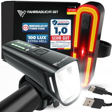 Набір велосипедних ліхтарів MIVELO з акумулятором, сертифікований StVZO, USB-зарядка, водонепроникність, передній та задній ліхтар, клас енергоефективності A+++ SMART Ultimate з гальмівним ліхтарем
