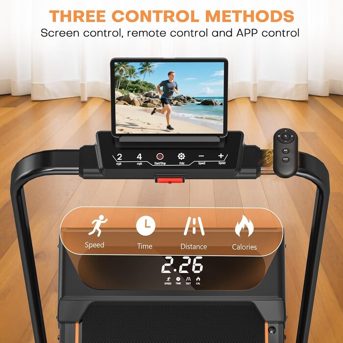 Складана бігова доріжка для дому VANNECT Walking Pad, нахил 9%, швидкість 1-12 км/год, LCD-дисплей, керування через додаток та пульт, максимальна вага 150 кг, помаранчева