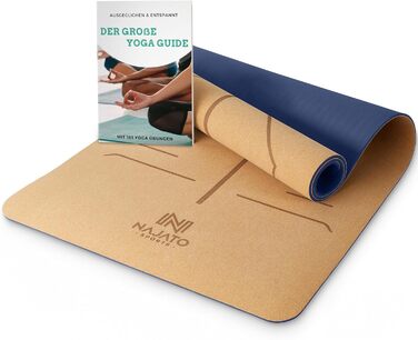 Yogamatte NAJATO: Коврик для йоги з пробкової шкіри, неслизький, з чохлом та E-Book (PDF) – 183 x 65 x 0,6 см – екологічний тренувальний килимок (блакитний)