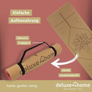 Йога мат для фітнесу Deluxe4Home® з корку, TPE, з ручкою для перенесення, з лінійками для вирівнювання, червоний