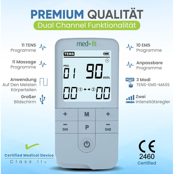 Premier Plus TENS & EMS комбінований пристрій: 8 ручних та 24 фіксовані програми для тренування м'язів, нервової та больової терапії