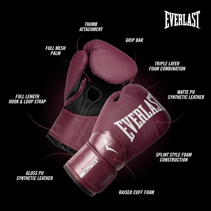 Боксерські рукавички Everlast Elite 2 10oz Gold/Black для спарингу, тренувань та роботи з мішком, Klettverschluss, PURPLE 16OZ
