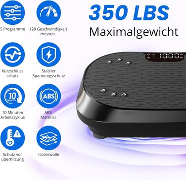 Вібраційна платформа для тренувань з Bluetooth-динаміками – 120 рівнів інтенсивності, для фітнесу вдома, лімфодренажу та формування тіла, чорна