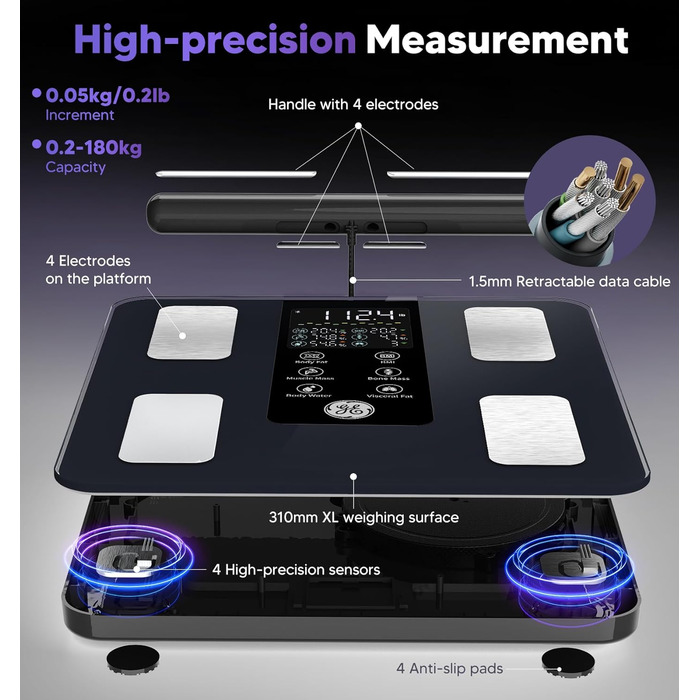 Інтелектуальна вага GE для вимірювання ваги тіла, цифрова вага для людей з 8 електродами, 27 вимірювань (жир, ІМТ, м'язова маса), аналізатор складу тіла, Bluetooth, точна вага, 27 показників, максимальне навантаження 180 кг