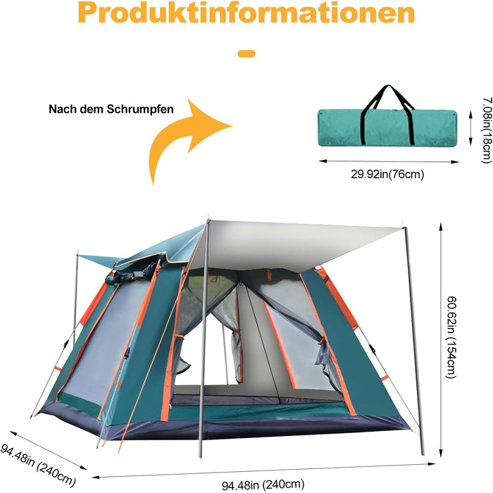 Намет туристичний Pop Up для 3-4 особи, водонепроникний, легкий, зелений, Ergocar