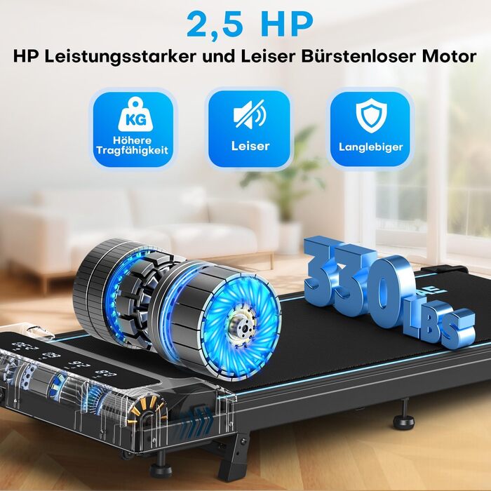 Walking Pad Laufband для дому 4-в-1: біговий стіл з підйомністю 9%, безщітковий двигун 2.5HP, LED-дисплей, пульт дистанційного керування, 12 HIIT-програм, до 150 кг, без встановлення, чорно-синій, з режимом повноекранного відображення