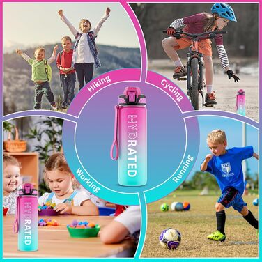 Водна пляшка Tritan 1л без BPA з трубочкою, спортивна, витікання, з маркуванням часу та щіткою, для фітнесу, школи, йоги, активного відпочинку (1 шт.) (750 мл, фіолетово-зелений)