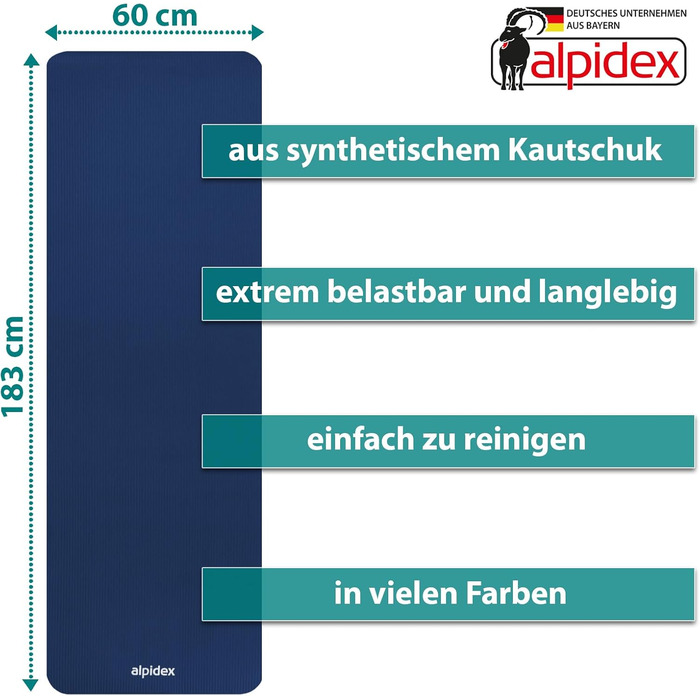 Килимок для йоги ALPIDEX 183x60x0.8 см - нетоксичний, з E-book, ремінком, антиковзкий, для фітнесу, гімнастики, пілатесу, спорту, фізіотерапії, HIIT, йоги, тренувань (Blue)