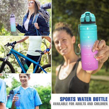 Спортивна пляшка для води Tritan 1л/500мл/700мл/1500мл, BPA-free, з маркуванням часу, витокозахисна, для фітнесу, велосипеда, відпочинку, йоги, спортзалу, школи (темно-зелений, темно-синій, світло-блакитний, блакитний)