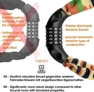 Надійне велозамкне Nean з кодовим замком та високим рівнем захисту, стале ланцюгове замкне, 6 мм x 900 мм (Камуфляж)