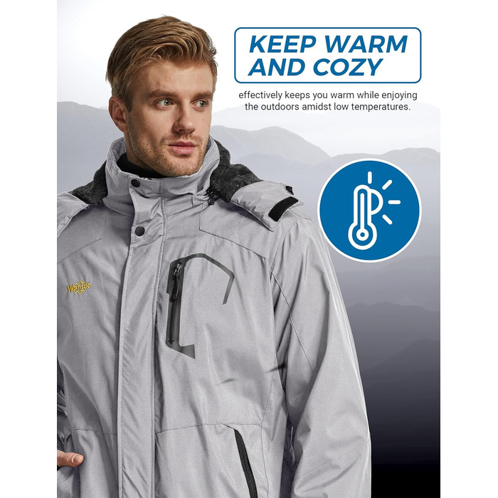 Чоловіча гірськолижна куртка Wantdo: теплий флісовий мантель, водонепроникна та дихаюча, з капюшоном, вітрозахист, сірий колір, розмір XL