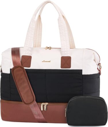 Сумка-вихідні LOVEVOOK для жінок, клінічна сумка, валіза ручної поклажі, легка лікарняна сумка, містка дорожня сумка-мішок з відділенням для взуття та косметичка, спортивна сумка для подорожей (B-чорний, бежевий, коричневий, 52x38x25 см (50 л))