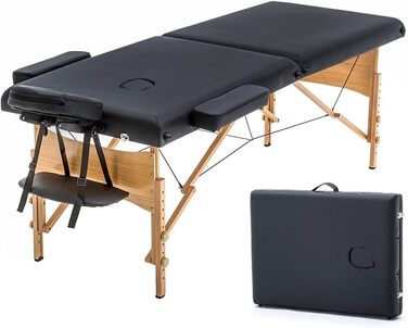 Масажний стіл Aspria Massageliege Mobile з 2 зонами, регульована висота, дерев'яні ніжки, з підголовником та підлокітниками, чорний (213x82x85 см, до 250 кг)