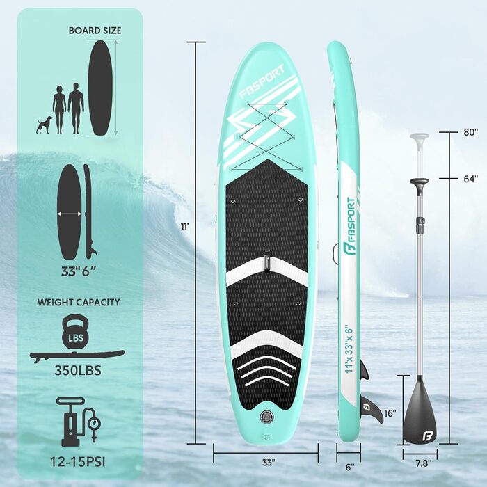 SUP дошка надувна FBSPORT 15 см, комплект з алюмінієвим веслом та насосом, зелена