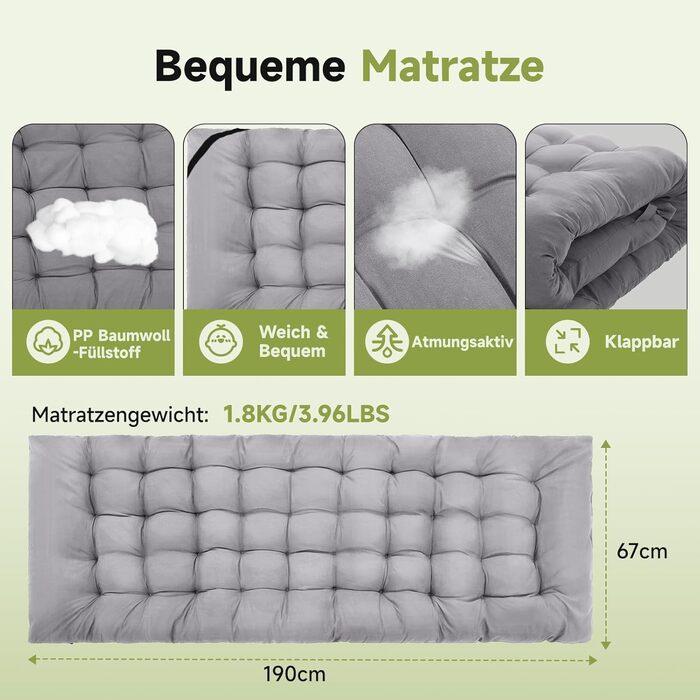 Ліжко-розкладачка Warmiehomy XXL з матрацом для дорослих, гостьове ліжко, широке, міцне, для кемпінгу, відпочинку, офісу, саду, сіре, з матрацом