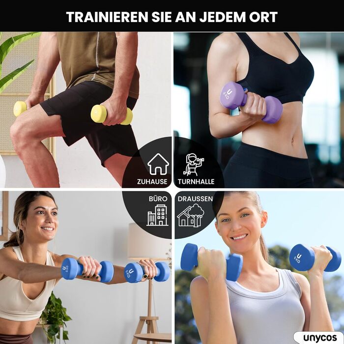 Гантелі неопренові UNYCOS 2 шт. (1-10 кг) - короткі, антиковзаючі для жінок та чоловіків, проти ковзання | для фітнесу, силових тренувань, пілатесу, гімнастики, домашнього спортзалу
