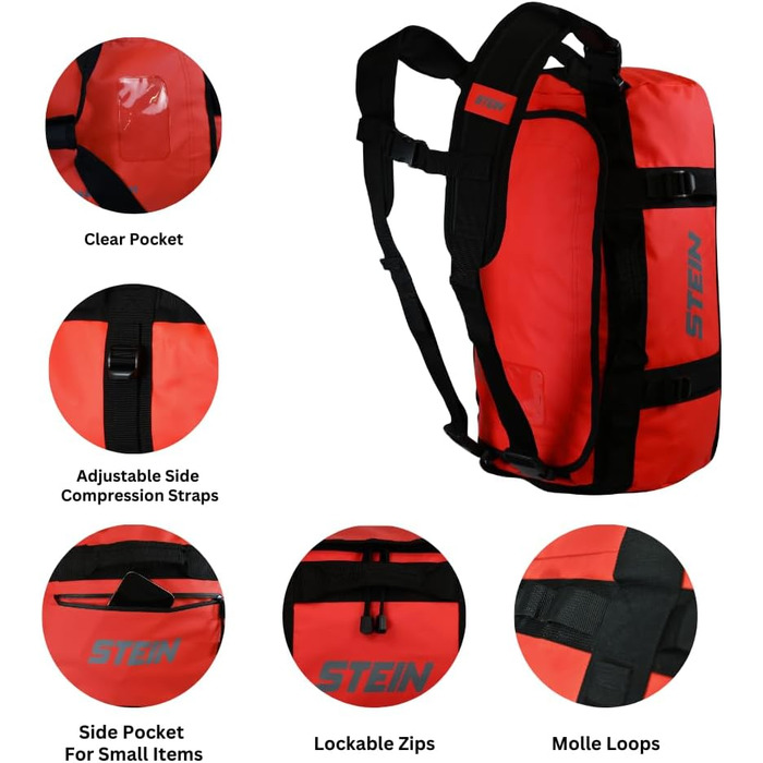 Водостійка сумка-рюкзак STEIN Metro 40 л, червона — трансформер з ПВХ-покриття, компресійними ременями та м'якими плечовими ременями