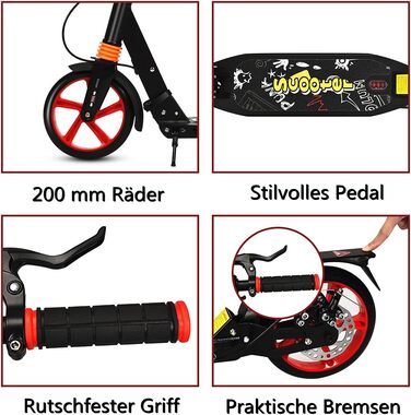 Самокат трюковий GYMAX, регульована висота, складний, з колесами 200 мм, подвійна підвіска, дзвінок та ремінь, до 100 кг, для дітей та дорослих (чорний)