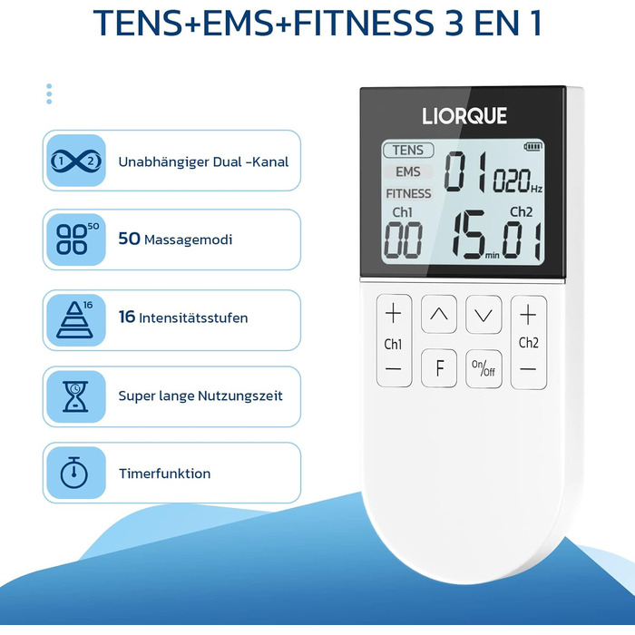 Пристрій TENS EMS Liorque для терапії болю: 3-в-1, 50 режимів, 10 електродів, стимуляція м'язів для рук, ніг, спини, плечей (білий)