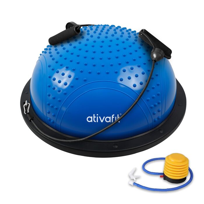 Йога-м'яч Ativafit для балансу та фітнесу 60*18 см, до 300 кг, з помпою та еспандером (блакитний)