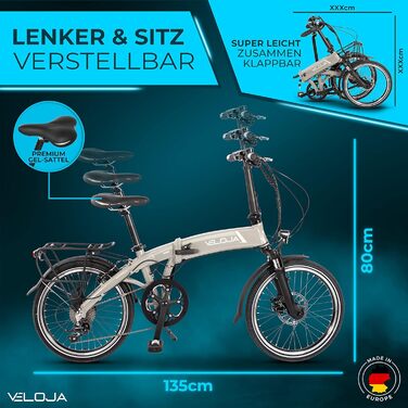 Електровелосипед VELOJA 20 дюймів складаний, 250Вт, 100 км, 9 передач, алюмінієвий, 5 режимів підтримки, європейська збірка