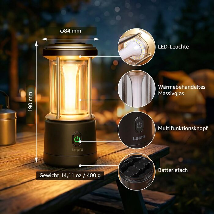 Ліхтар кемпінговий LED Lepro 2000 люмен, акумуляторний, водонепроникний IPX4, з Power Bank, для походу та надзвичайних ситуацій (Чорний)