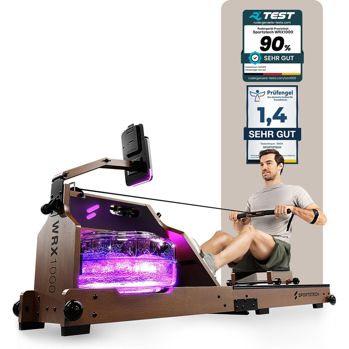 Sportstech WRX1000: Гребний тренажер з водяним опором для дому. Масивне дерево, LED-дисплей, підтримка додатків та планшета. Німецька якість.