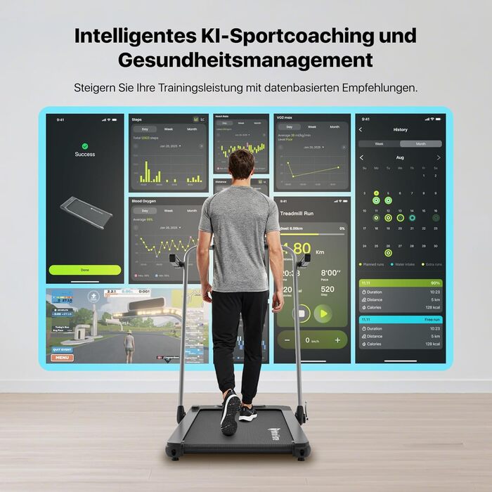 Електричний біговий тренажер Mobvoi Home Laufband SE з AI, 2.5 PS, 12 км/год, компактний, складний, з пультом, для дому, сумісний з TicSports APP, до 120 кг, срібний